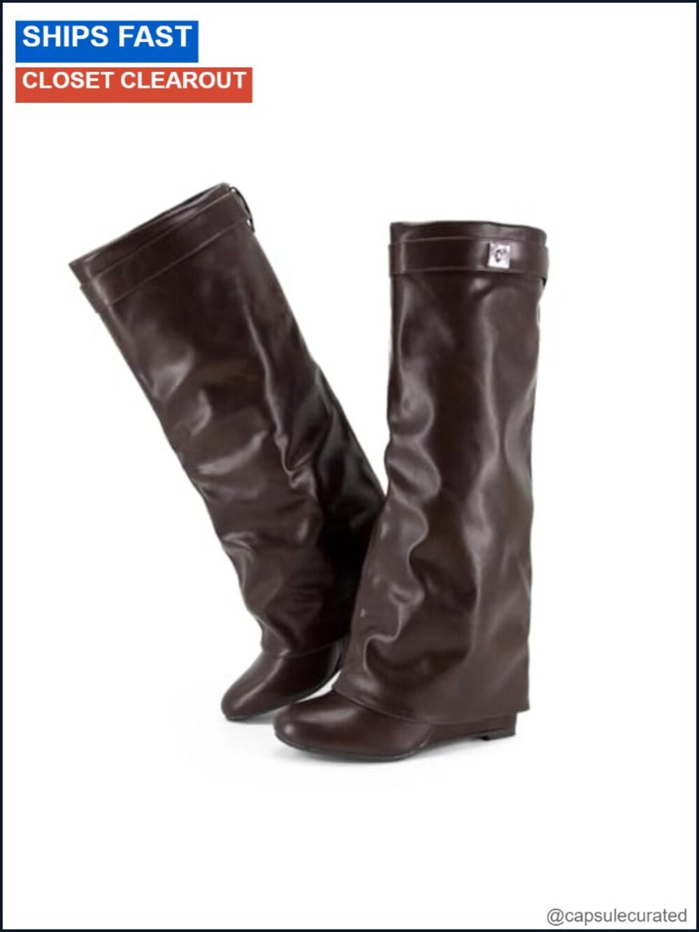 Knee High Fold Over Shark Boots for Women Wide Calf Wedge Heel Side Zip PU